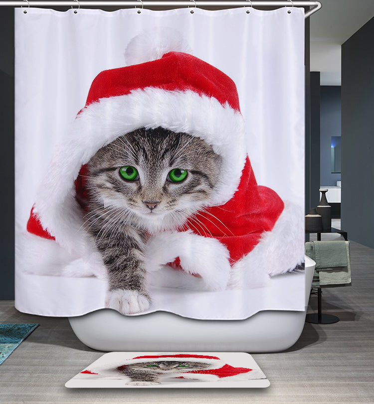 White backdrop Kitten wearing Christmas Santa Hat Shower Curtain