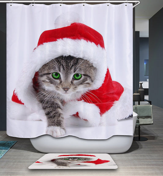 White backdrop Kitten wearing Christmas Santa Hat Shower Curtain