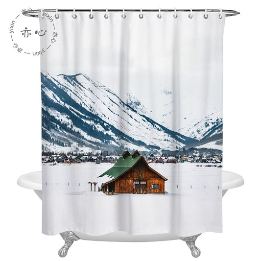 Winter Blue White Snow Mountain with Lodge Shower Curtain