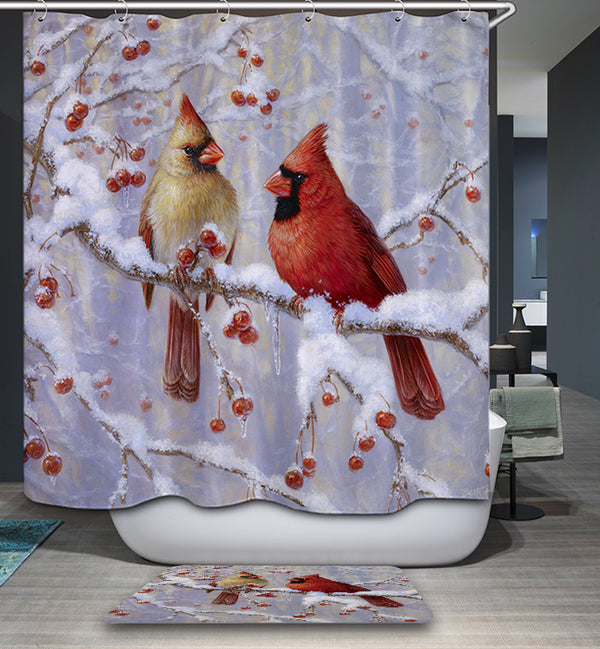 Winter Cardinal Shower Curtain, Red Birds Christmas Bathroom Decor GoJeek