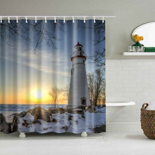 Winter Morning Sun Coast Lighthouse Shower Curtain