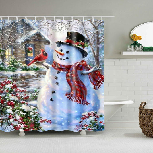 Winter Outhouse Bird Christmas Snowman Shower Curtain