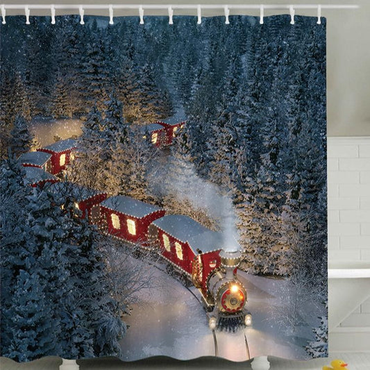 Winter Snow Red Train Shower Curtain