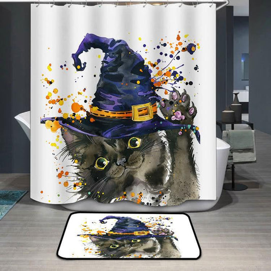 Wizard Hat Witch Coplay Cat Halloween Shower Curtain