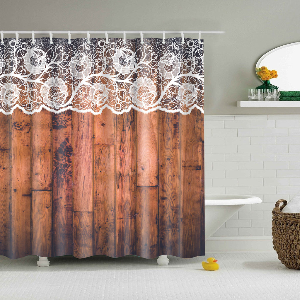 Wood Door with White Flower Lace Print Shower Curtain