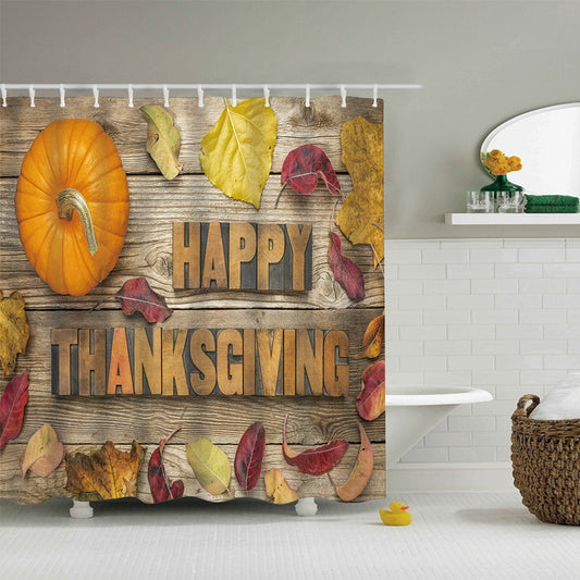 Wooden Border Fall Leaves with Pumpkin Harvest Holiday Happy Thanksgiving Quote Border Shower Curtain