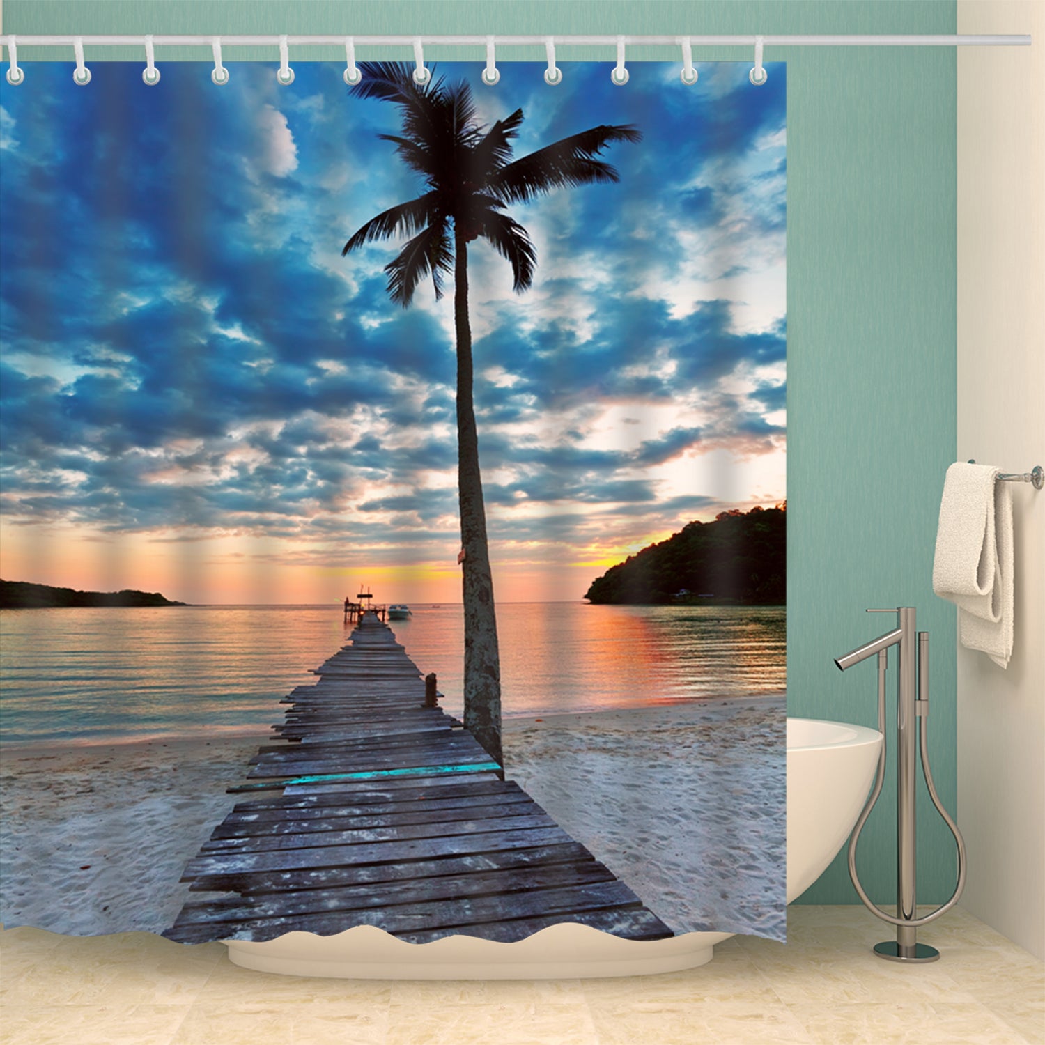 Wooden Pier Palm Tree Photo Print Shower Curtain