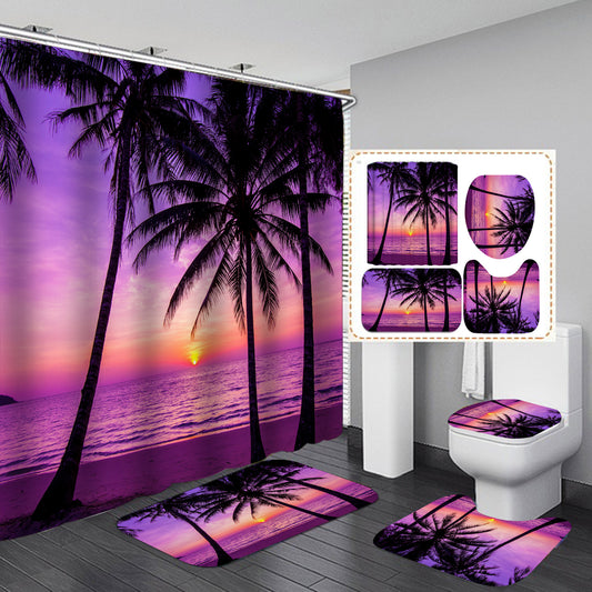 Purple Beach Sunshine Palm Tree Paradise Seaside Shower Curtain Set - 4 Pcs