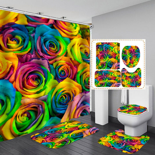 Rainbow Color Gay Pride Glorious Rose Shower Curtain Set - 4 Pcs