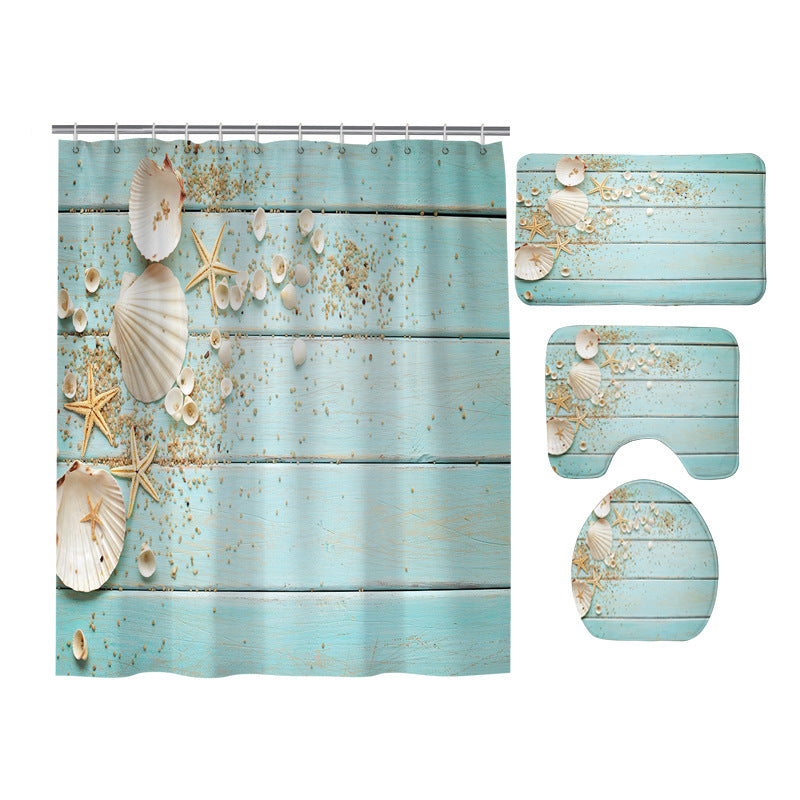 Seashell Starfish on Blue Deck Shower Curtain Set - 4 Pcs