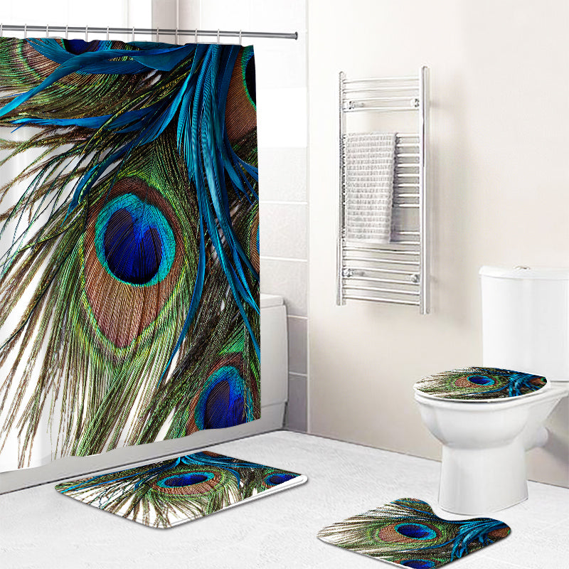 Blue Green Peacock Feather Shower Curtain Set - 4 Pcs