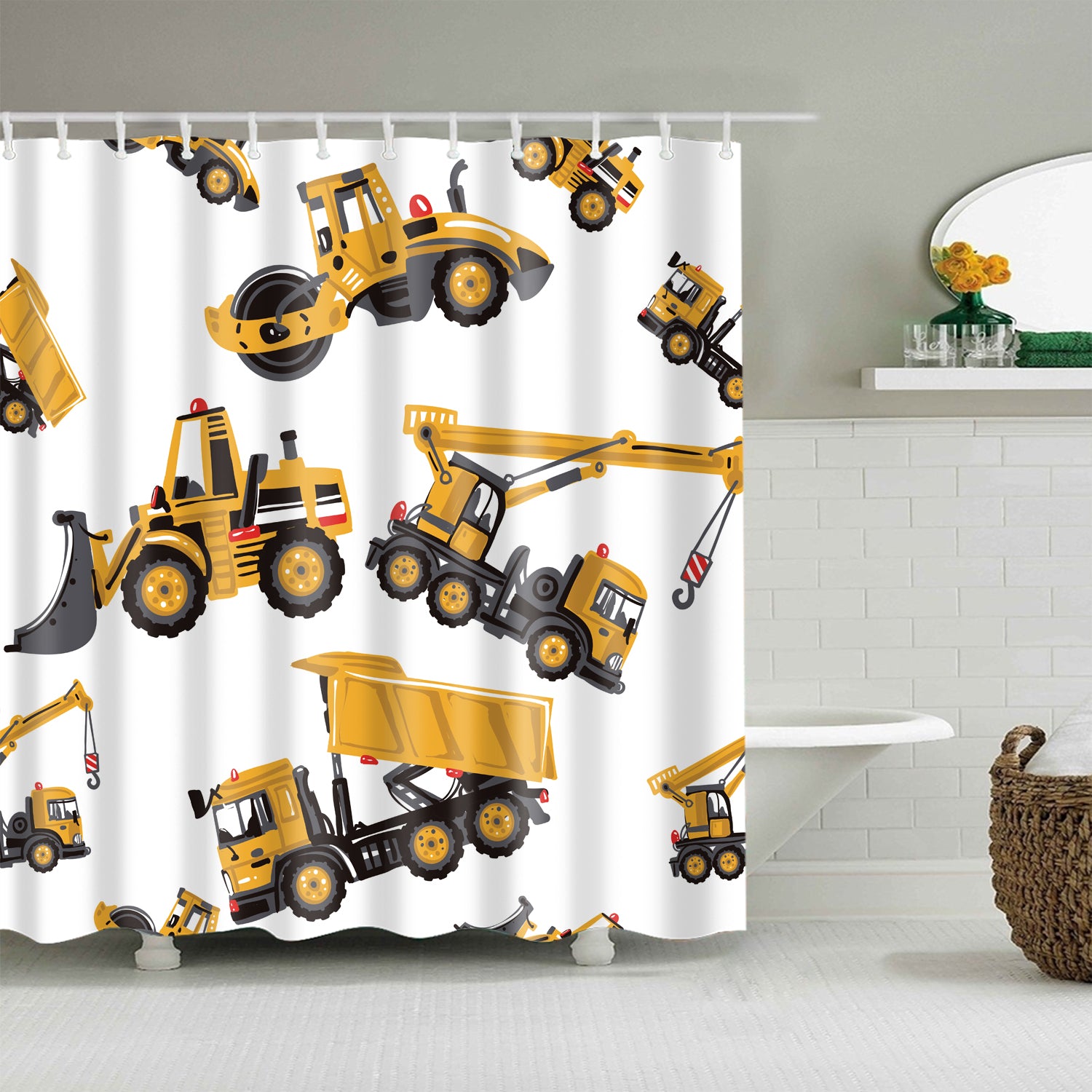 Yellow Cartoon Excavator Truck Shower Curtain Kids Construction Bathroom Decor