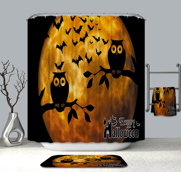 Yellow Full Moon Backdrop with Black Bat and Owl Birds Halloween Halloween Owl Shower Curtain