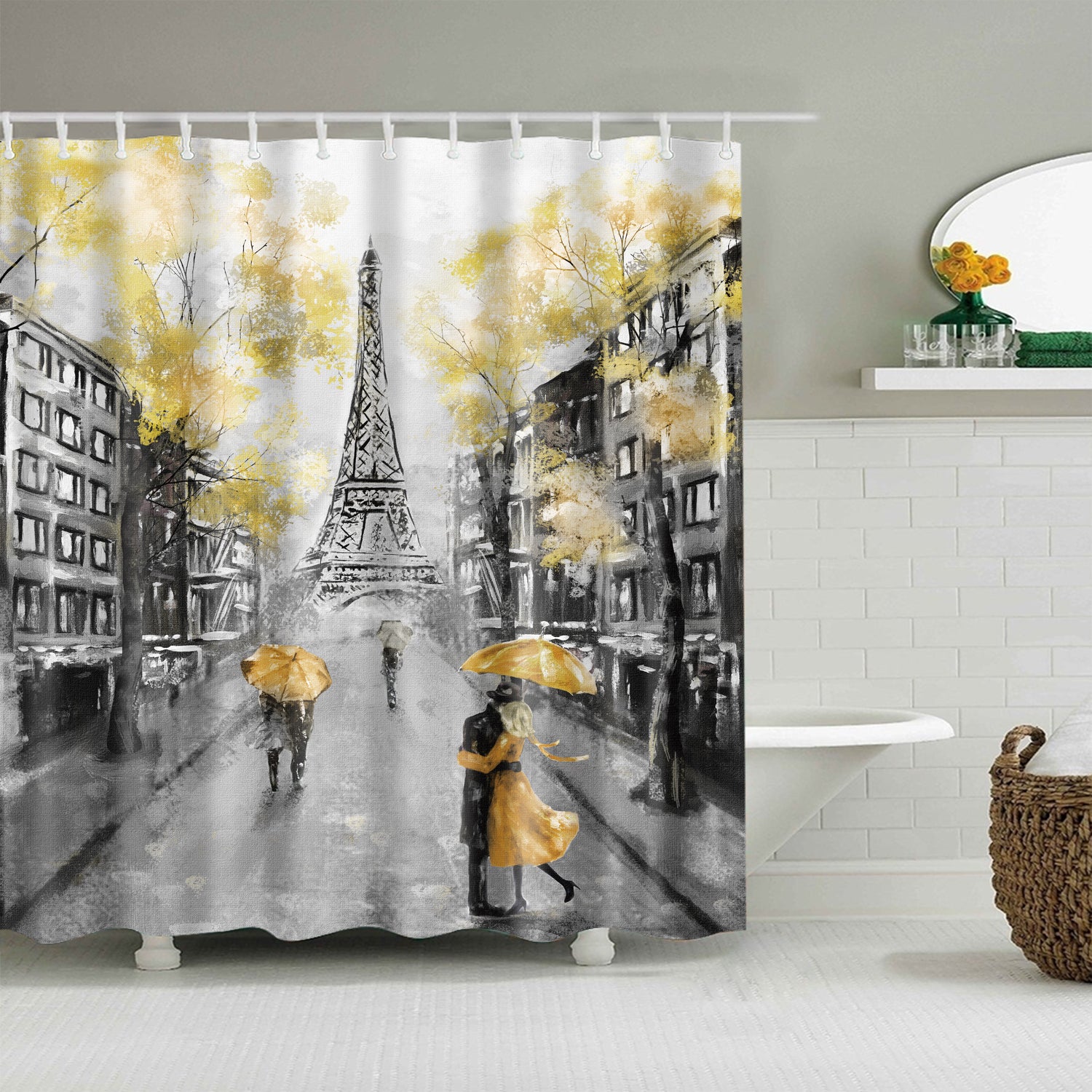 Yellow Romance Umbrella Lovers Paris Eiffel Tower Shower Curtain