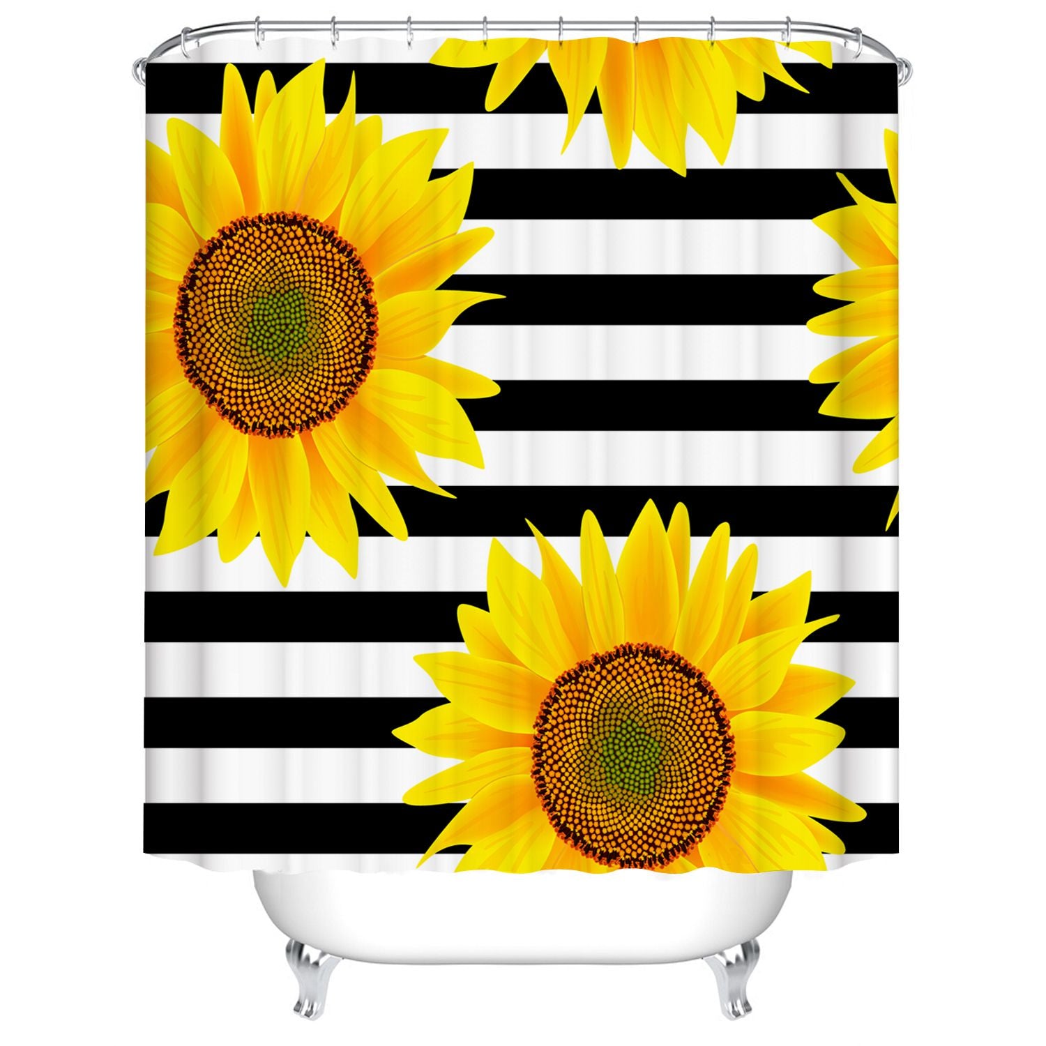 Yellow Sunflower Shower Curtain Black White Stripe