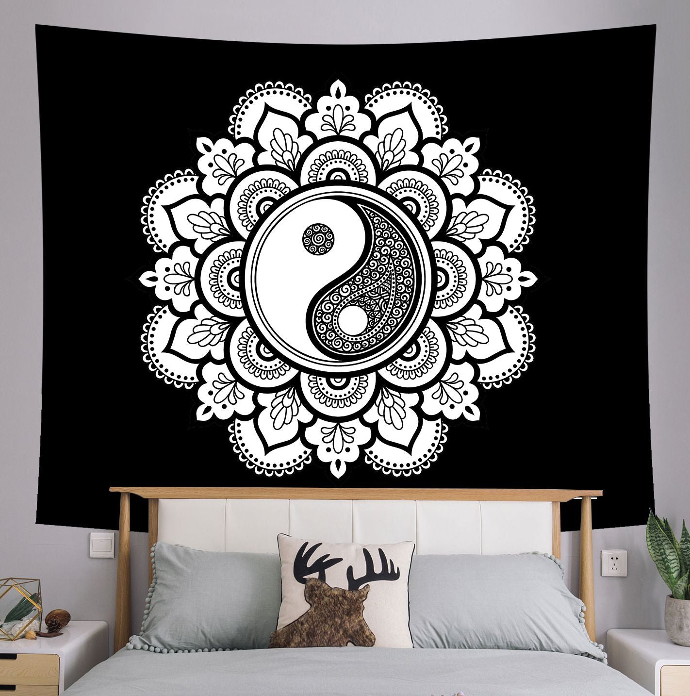 Yin Yang Mandala Flower Tapestry Black White