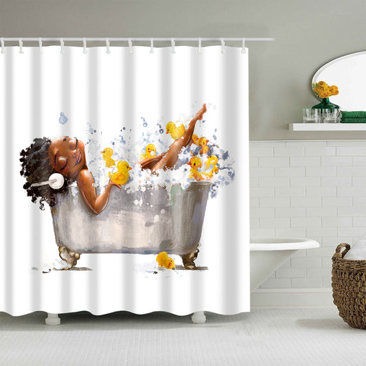 Young Afro Girl Bathing with Rubber Duck Shower Curtain
