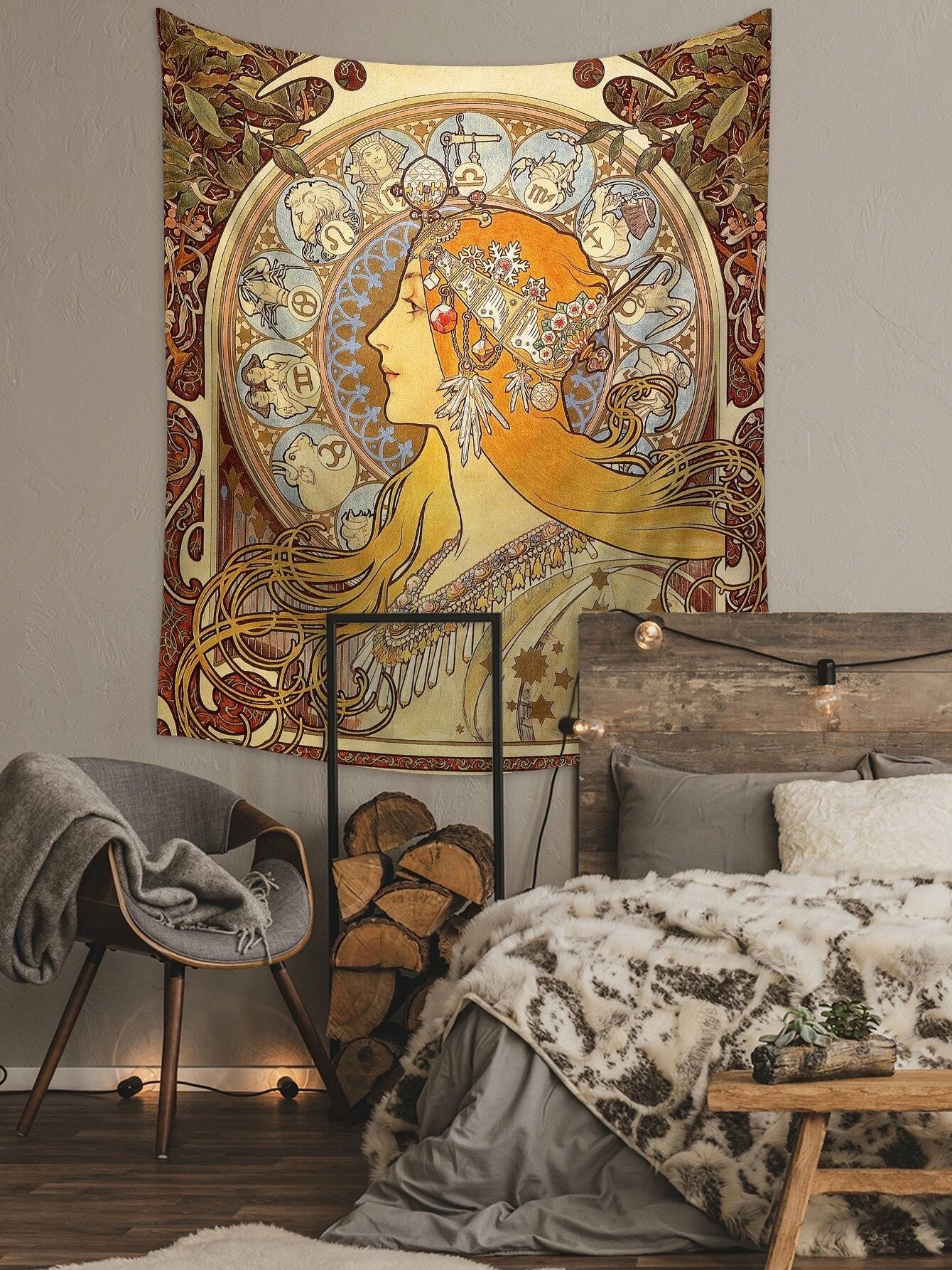 Zodiac le Plume Giclee By Alphonse Mucha Tapestry