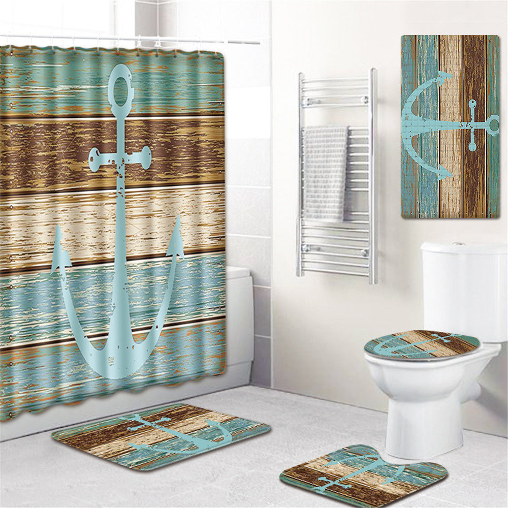 Rustic Deck Barn Door Print Nautical Retro Anchor Shower Curtain Set - 4 Pcs