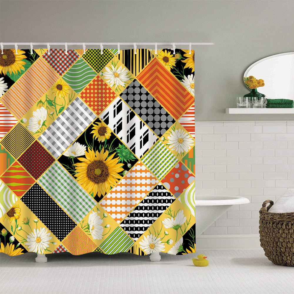 White Daisy and Yellow Sunflower Blend in Colorful Geometric Pattern Shower Curtain Bathroom Decor