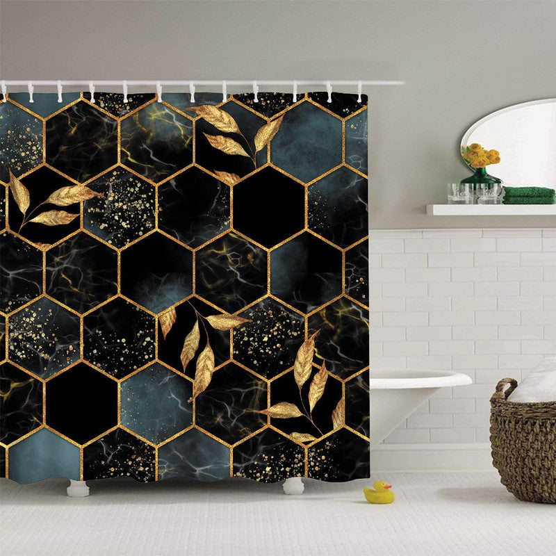 Vintage Hexagon Marble with Golden Leaves Shower Curtain