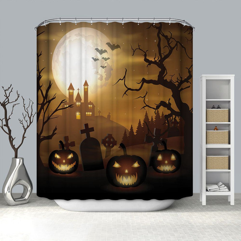 Twilight Night Pumpkin Tomb with Castle Halloween Shower Curtain