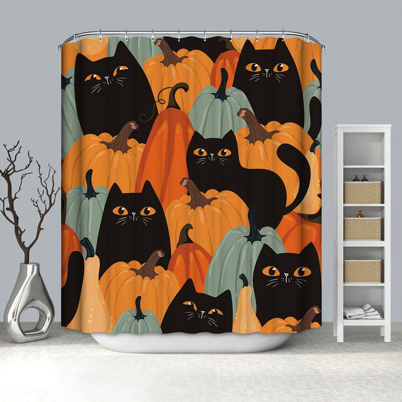 Black Cat with Pumpkins Halloween Shower Curtain