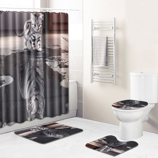 Cat Looking in Puddle Tiger Shower Curtain Set - 4 Pcs