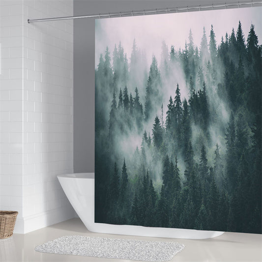 Abstract Green Mountains Foggy Forest Shower Curtain