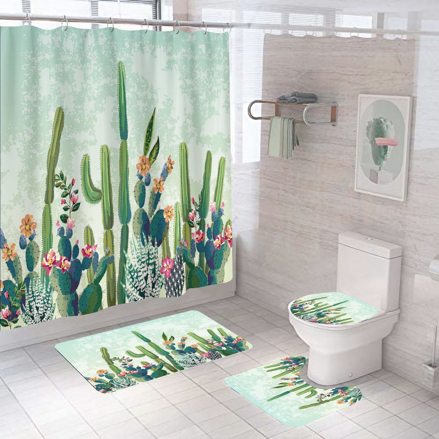 Watercolor Cactus House Plant Green Botanical Print Shower Curtain Set - 4 Pcs