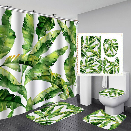 Jungle Green Decor Palm Banana Leaves Shower Curtain Set - 4 Pcs