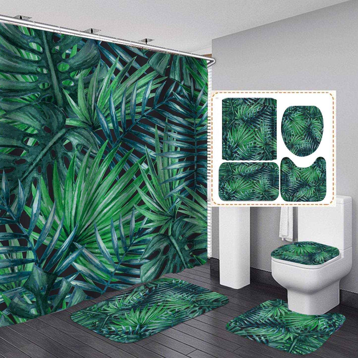 Green Tropical Banana Leaf Shower Curtain Set - 4 Pcs