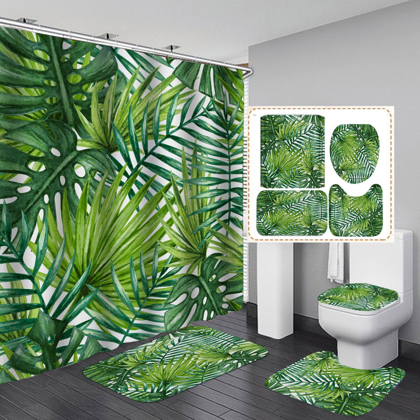 Light Green Decor Banana Leaf Shower Curtain Set - 4 Pcs