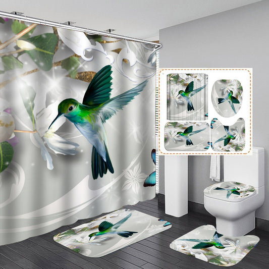 Feeding on White Floral Green Hummingbird Shower Curtain Set - 4 Pcs