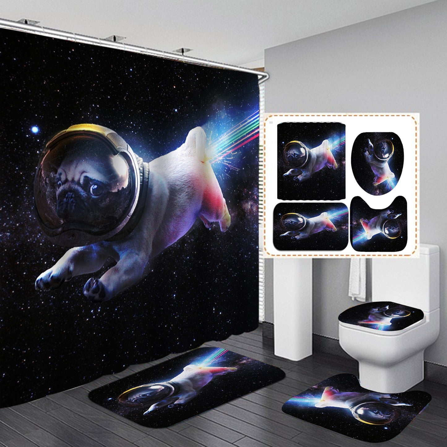 Funny Design Pug Flying at Space Shower Curtain Set - 4 Pcs