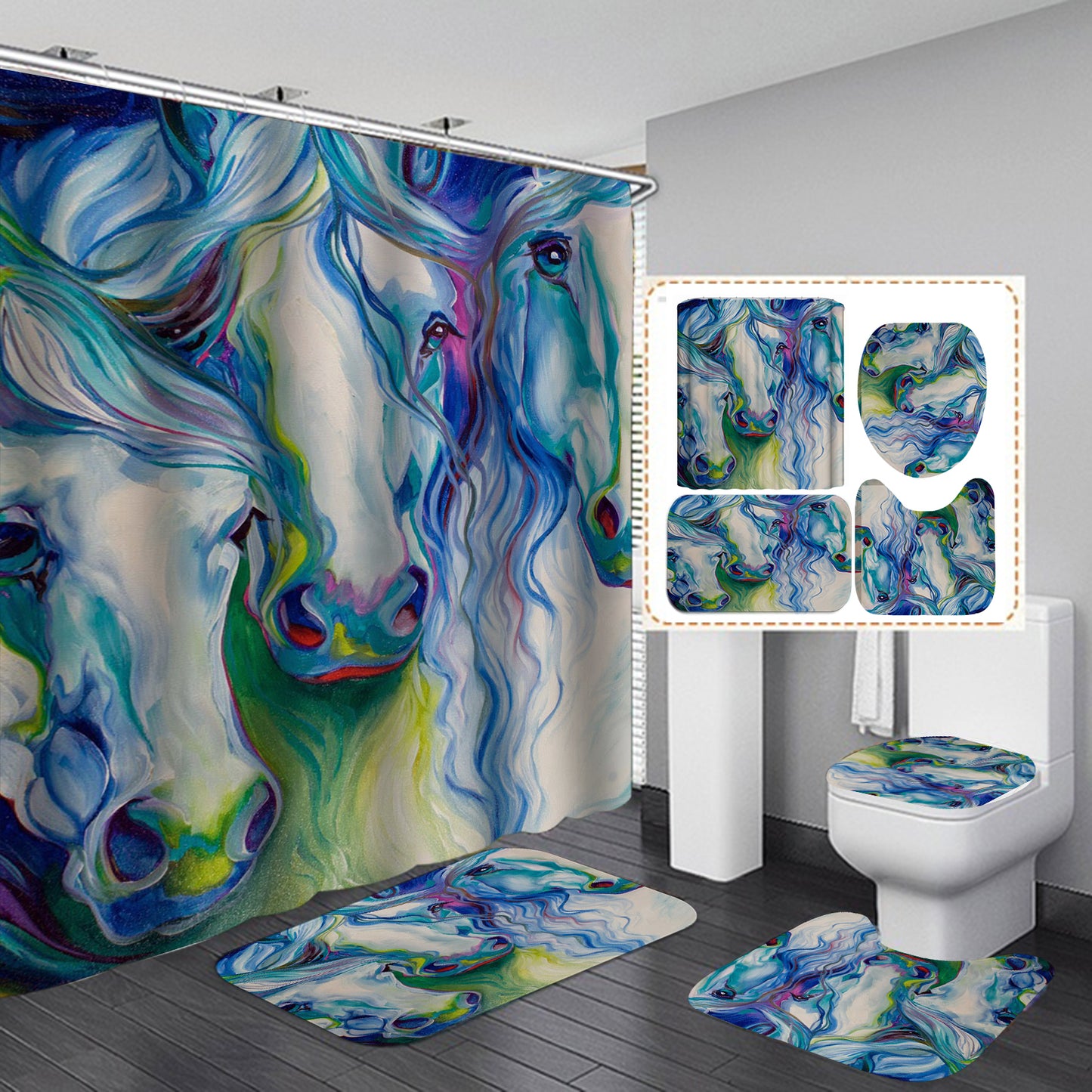 Three Horse Blue Art Shower Curtain Set - 4 Pcs