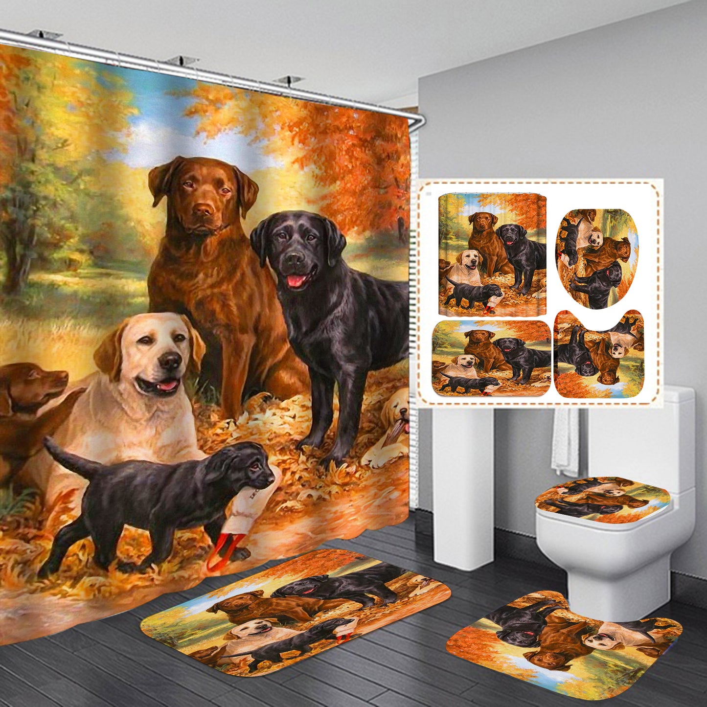 Dog Family Chocolate Lab Labrador Shower Curtain Set - 4 Pcs