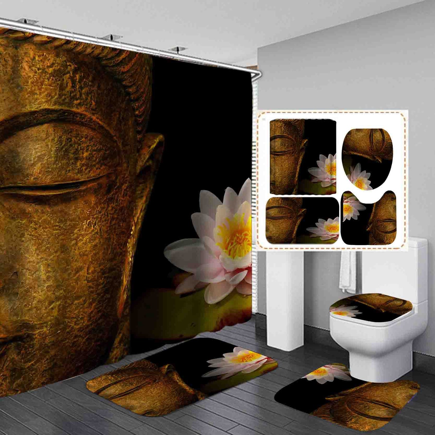 Peaceful Lotus with Buddha Shower Curtain Set - 4 Pcs