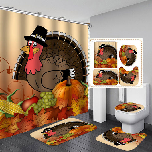 Happy Thanksgiving Day Turkey with Harvest Vegetable Shower Curtain Set - 4 Pcs