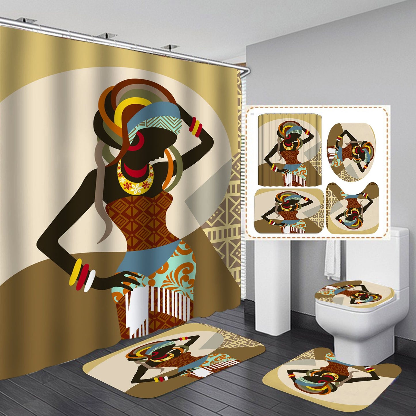 Beauty Dress African Women Shower Curtain Set - 4 Pcs