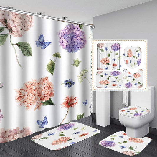 Hydrangea Dandelion Spring Flowers with Butterfly Shower Curtain Set - 4 Pcs