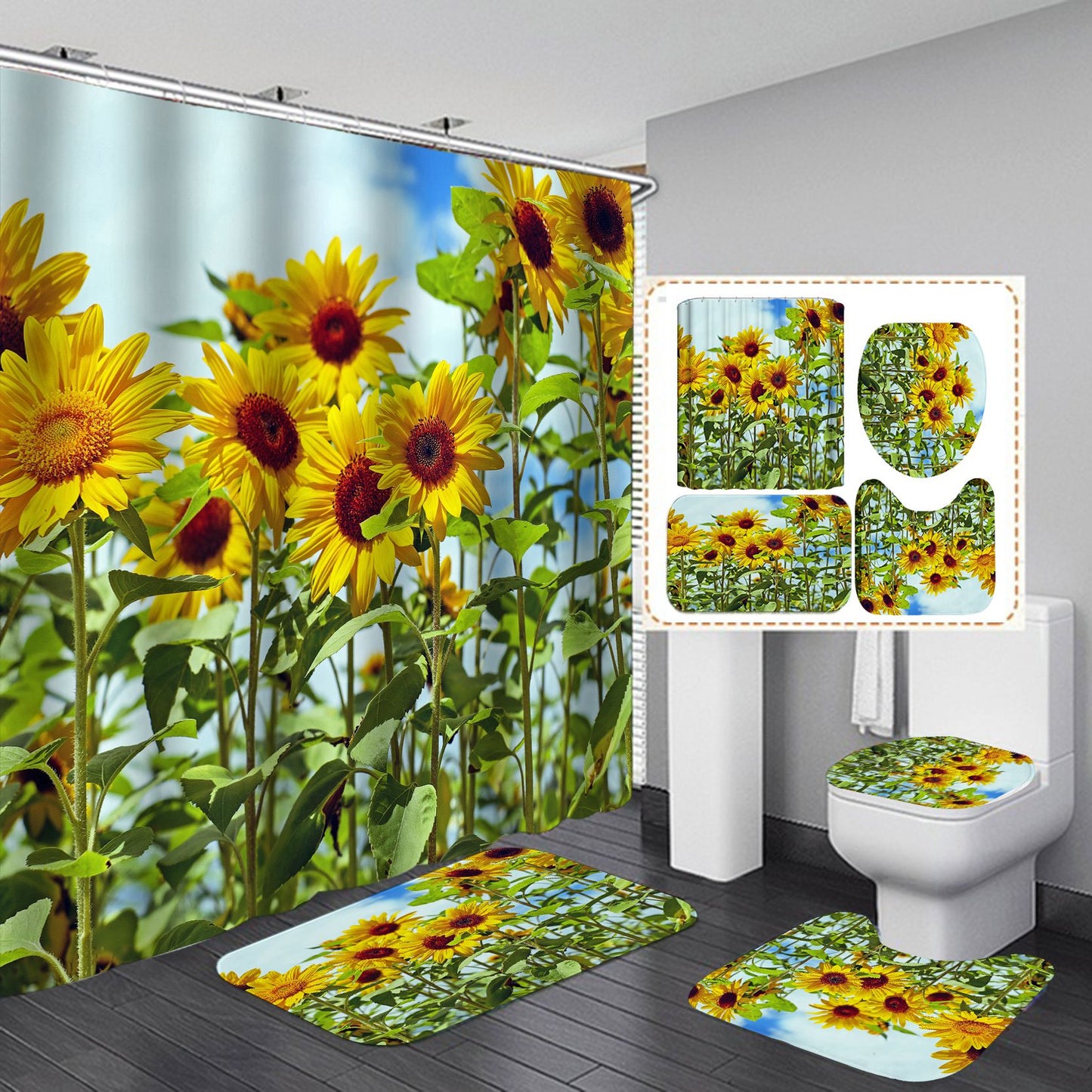 Summer Sunny Field Sunflowers Shower Curtain Set - 4 Pcs