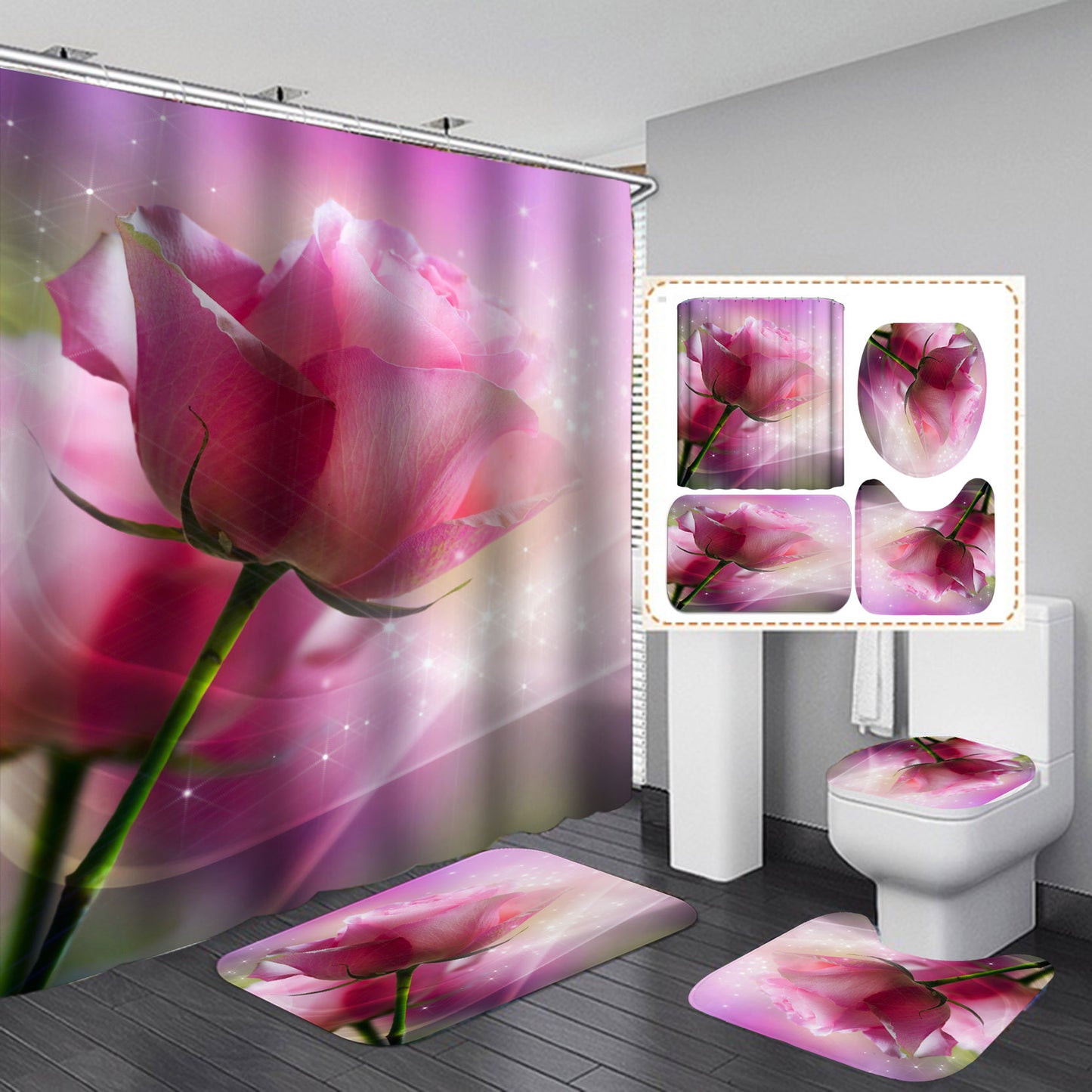 Pink Roses Shower Curtain Set - 4 Pcs