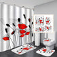 Red White Poppy Field Shower Curtain Set - 4 Pcs