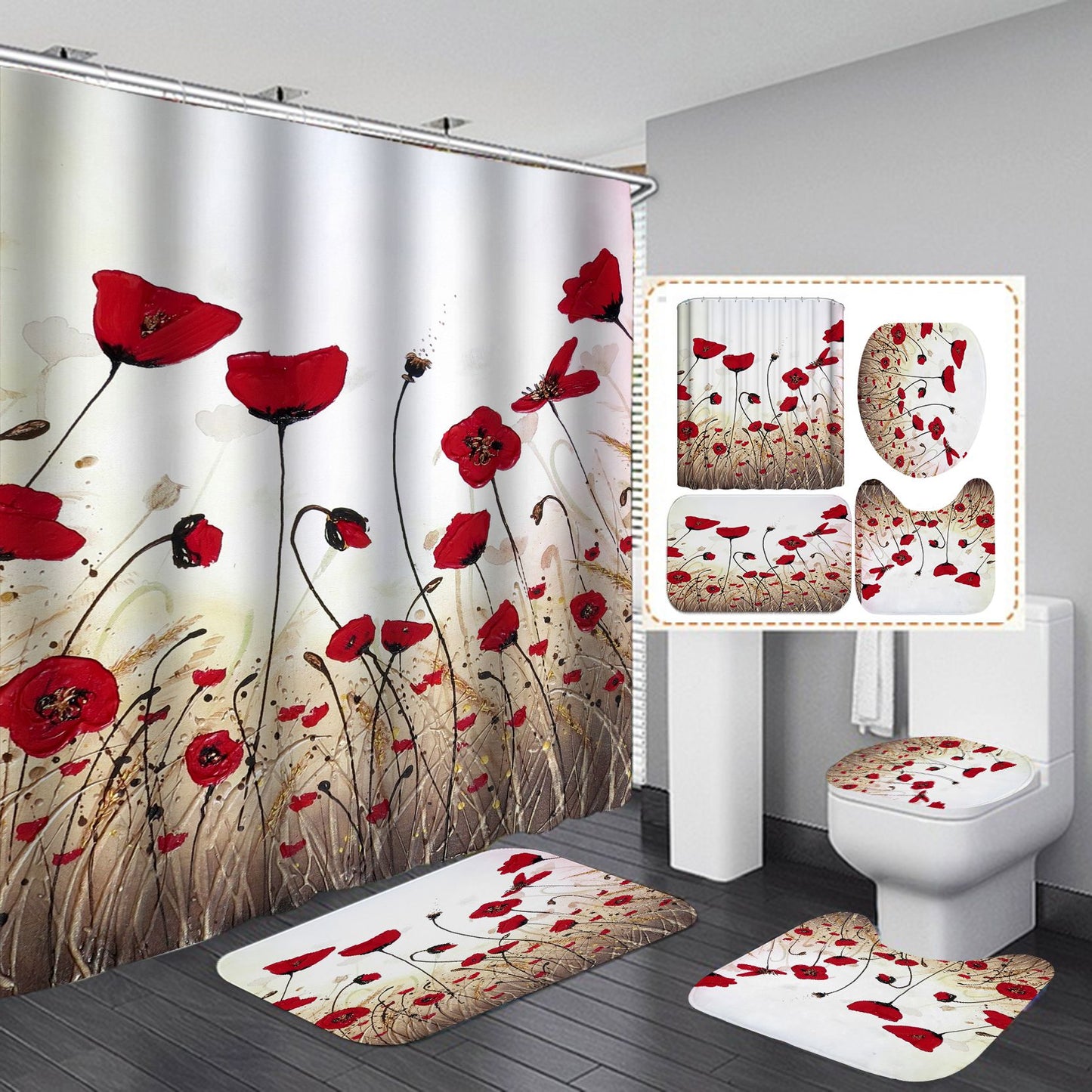 Red Poppy Field Shower Curtain Set - 4 Pcs