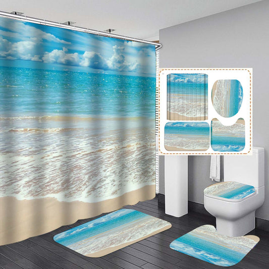 Summer Beach Scenery Waves Shower Curtain Set - 4 Pcs