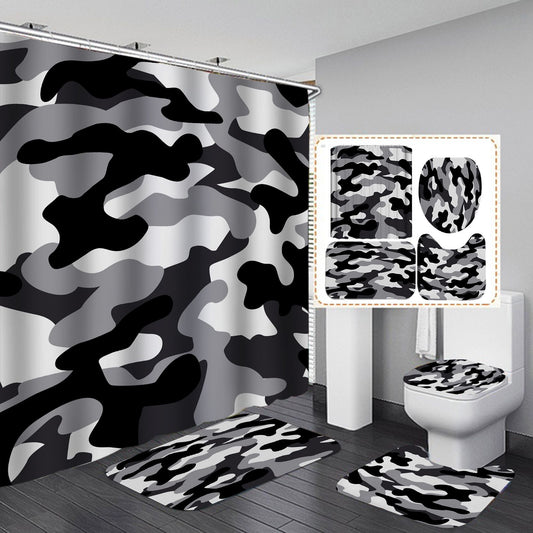 Seamless Abstract Black and White Ubran Camo Shower Curtain Set - 4 Pcs