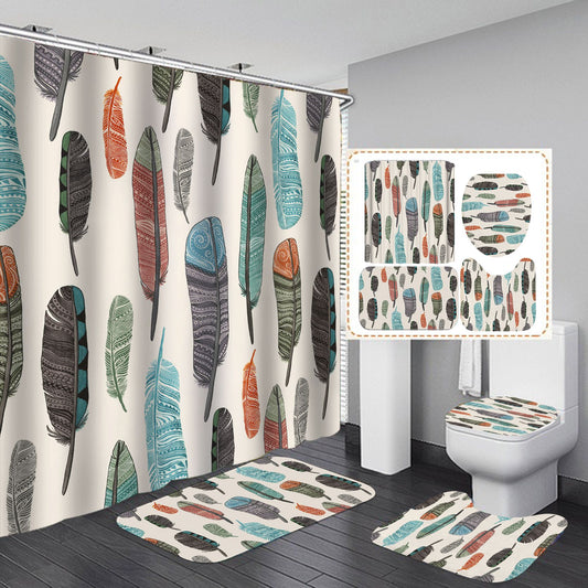 Colorful Tribal Feathers Shower Curtain Set - 4 Pcs