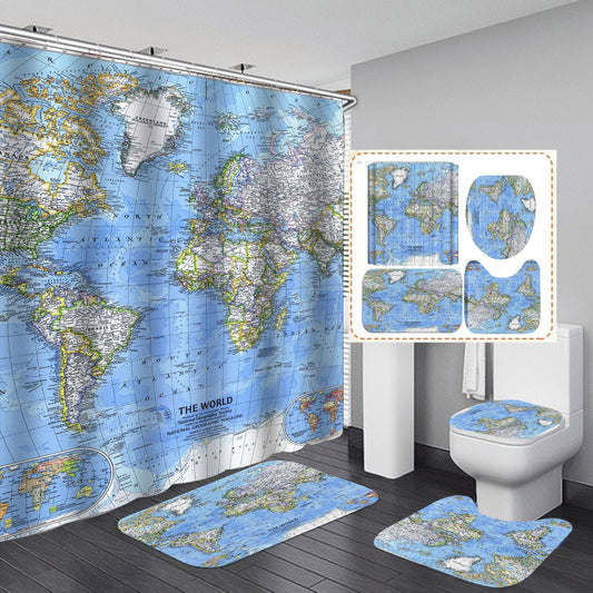Clear World Map Detailed City Name Shower Curtain Set - 4 Pcs