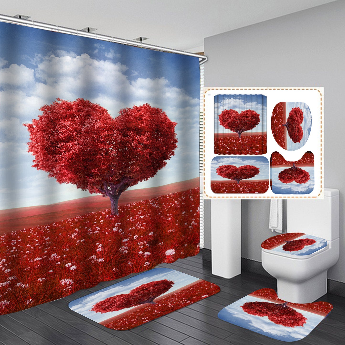 Valentine's Day Heart Shaped Red Tree Shower Curtain Set - 4 Pcs